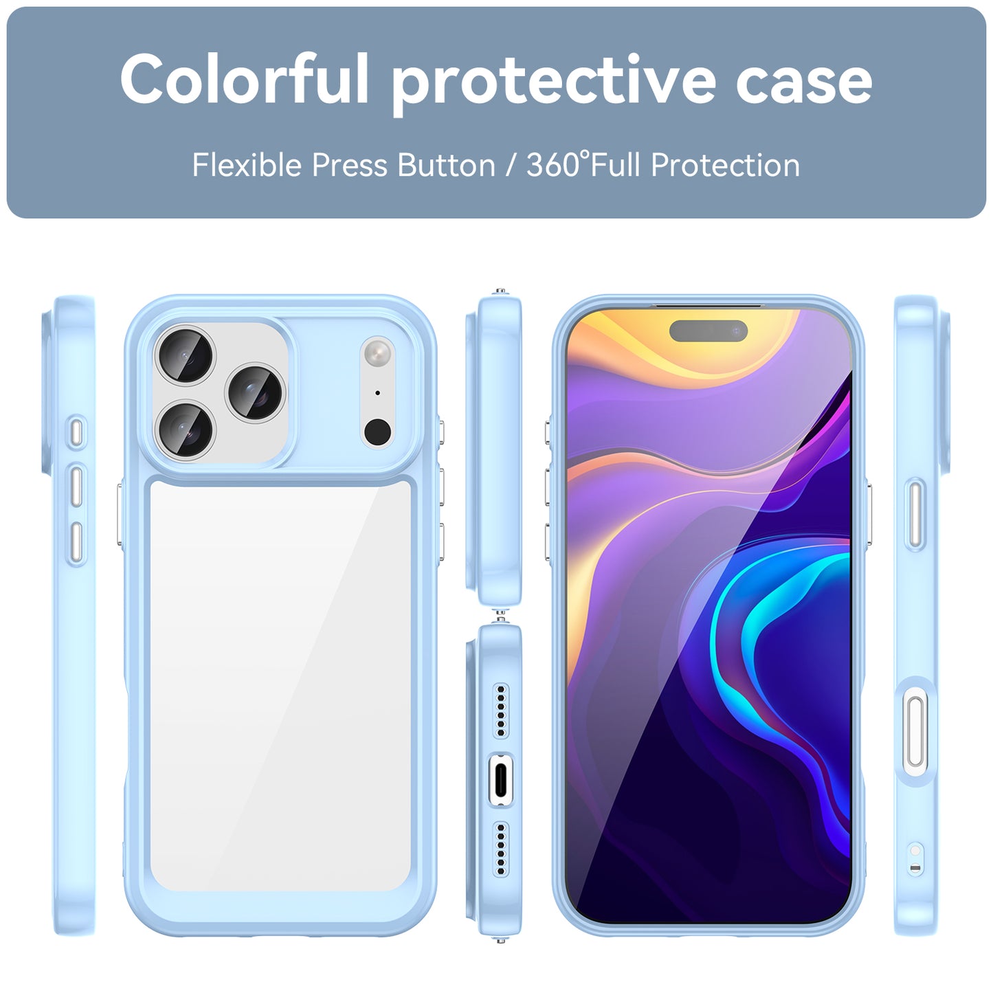 For iPhone 17 Pro Max Back Cover WANLONFENG XC Series TPU Acrylic Phone Case with Tempered Glass Film - Blue