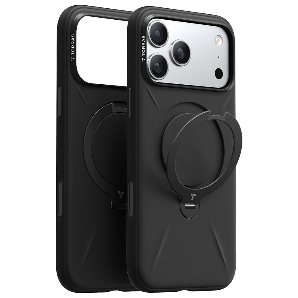 TORRAS Ostand Q Pro Series For iPhone 17 Pro Max Case Magnetic Ring Kickstand Liquid Silicone + PC Phone Cover - Black