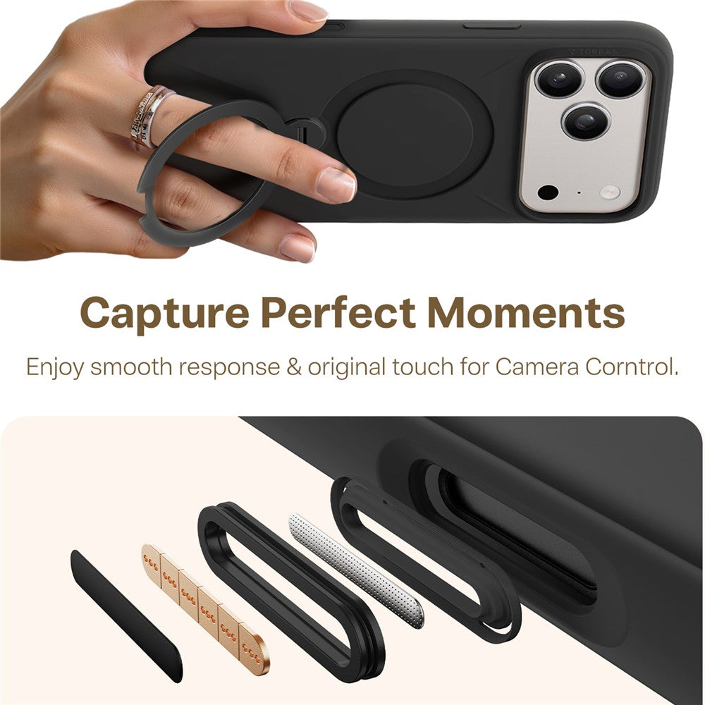 TORRAS Ostand Q Pro Series For iPhone 17 Pro Max Case Magnetic Ring Kickstand Liquid Silicone + PC Phone Cover - Black