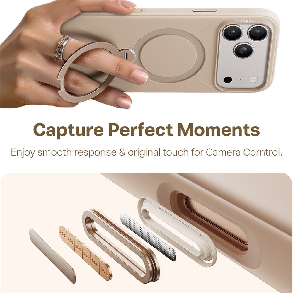 TORRAS Ostand Q Pro Series For iPhone 17 Pro Max Case Magnetic Ring Kickstand Liquid Silicone + PC Phone Cover - Desert Gold