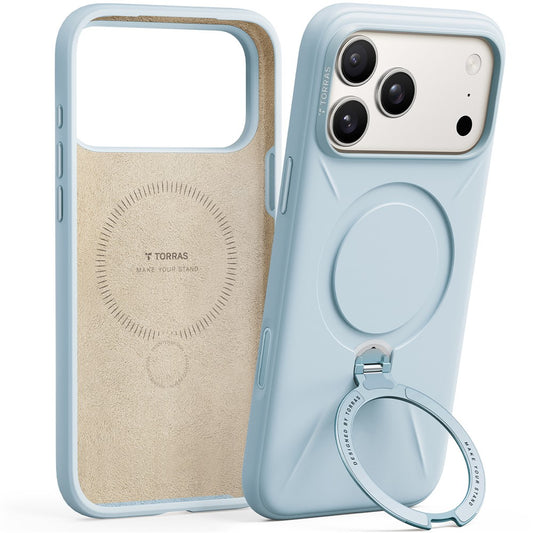 TORRAS Ostand Q Pro Series For iPhone 17 Pro Max Case Magnetic Ring Kickstand Liquid Silicone + PC Phone Cover - Baby Blue