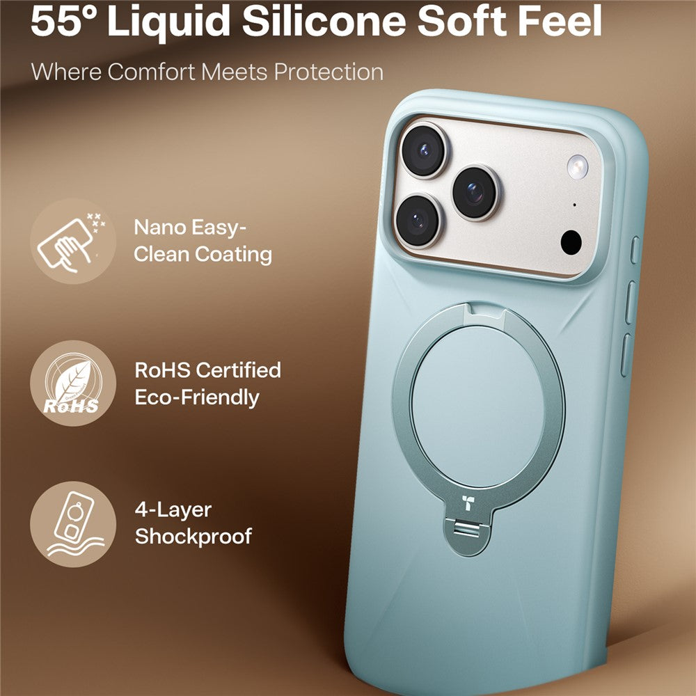 TORRAS Ostand Q Pro Series For iPhone 17 Pro Max Case Magnetic Ring Kickstand Liquid Silicone + PC Phone Cover - Baby Blue