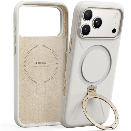 TORRAS Ostand Q Pro Series For iPhone 17 Pro Max Case Magnetic Ring Kickstand Liquid Silicone + PC Phone Cover - White