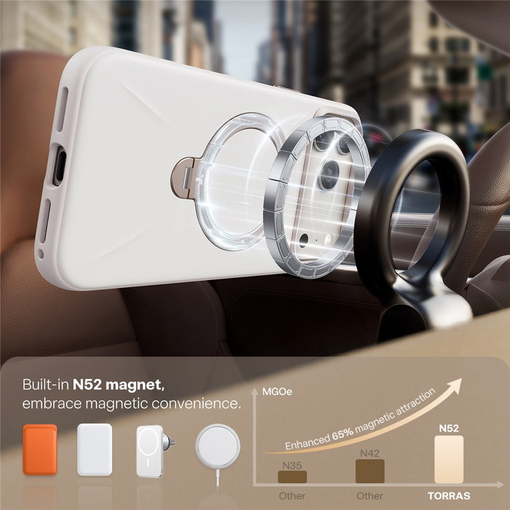 TORRAS Ostand Q Pro Series For iPhone 17 Pro Max Case Magnetic Ring Kickstand Liquid Silicone + PC Phone Cover - White