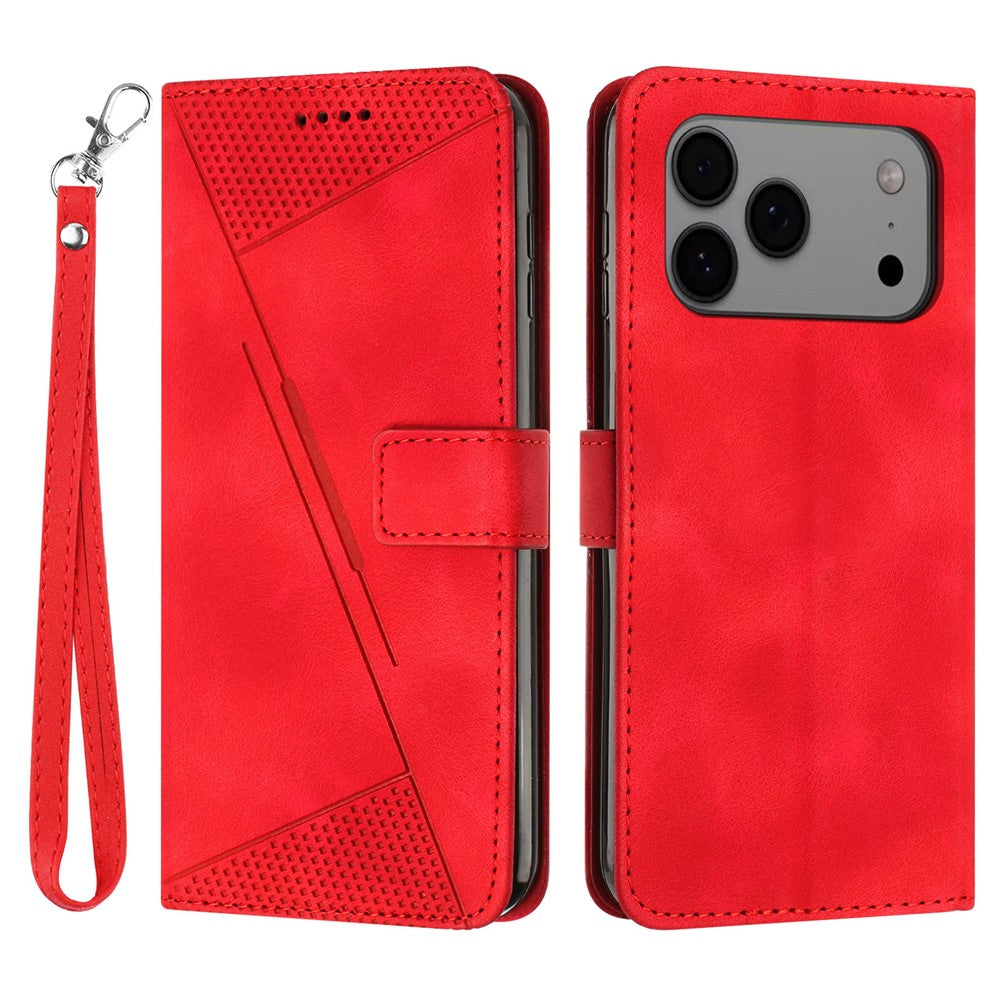 For iPhone 17 Pro Max Leather Case Imprinted Triangle Phone Cover with Hand Strap - Red