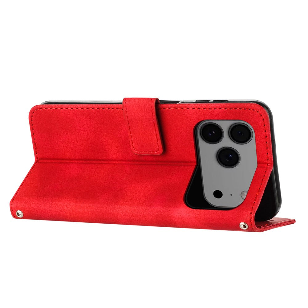 For iPhone 17 Pro Max Leather Case Imprinted Triangle Phone Cover with Hand Strap - Red