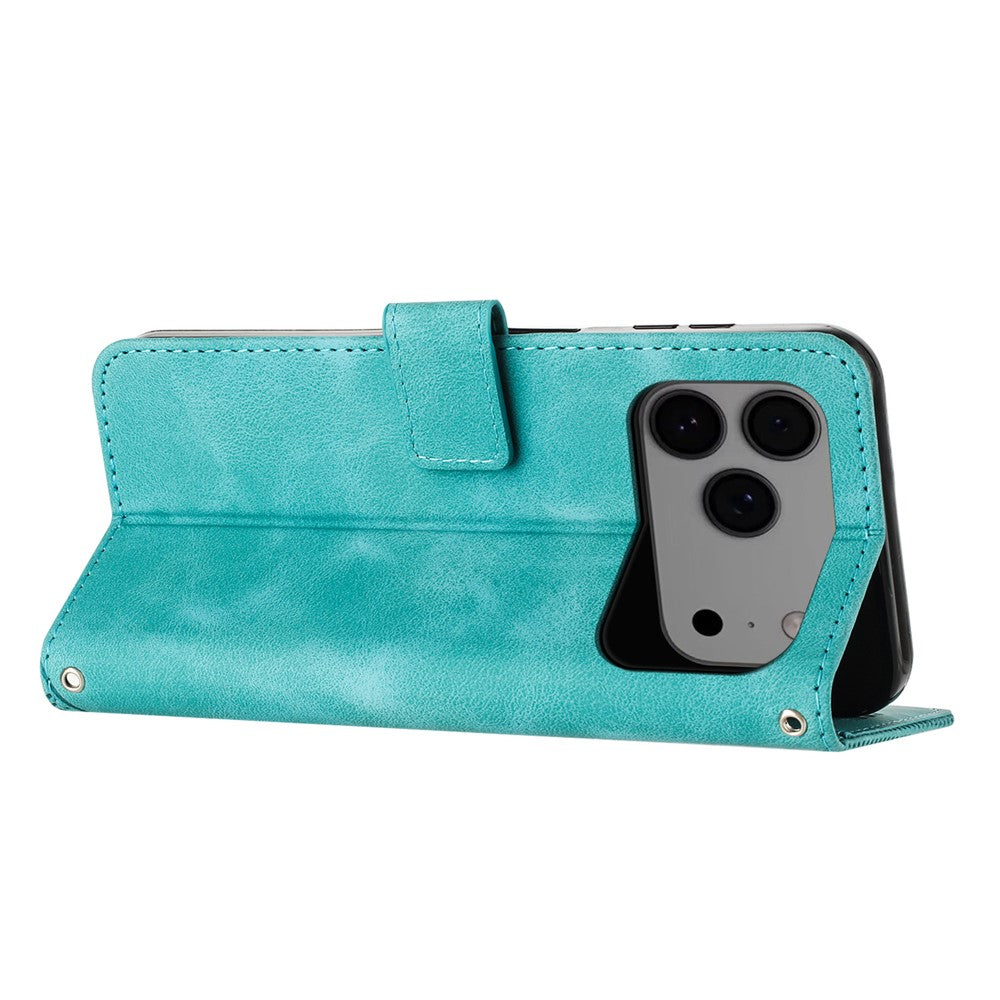 For iPhone 17 Pro Max Leather Case Imprinted Triangle Phone Cover with Hand Strap - Green