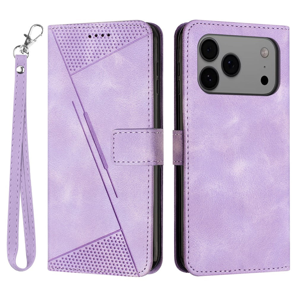 For iPhone 17 Pro Max Leather Case Imprinted Triangle Phone Cover with Hand Strap - Purple