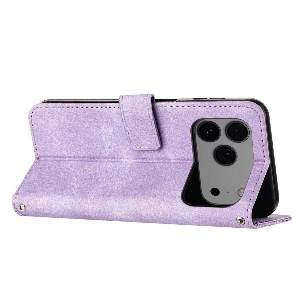 For iPhone 17 Pro Max Leather Case Imprinted Triangle Phone Cover with Hand Strap - Purple