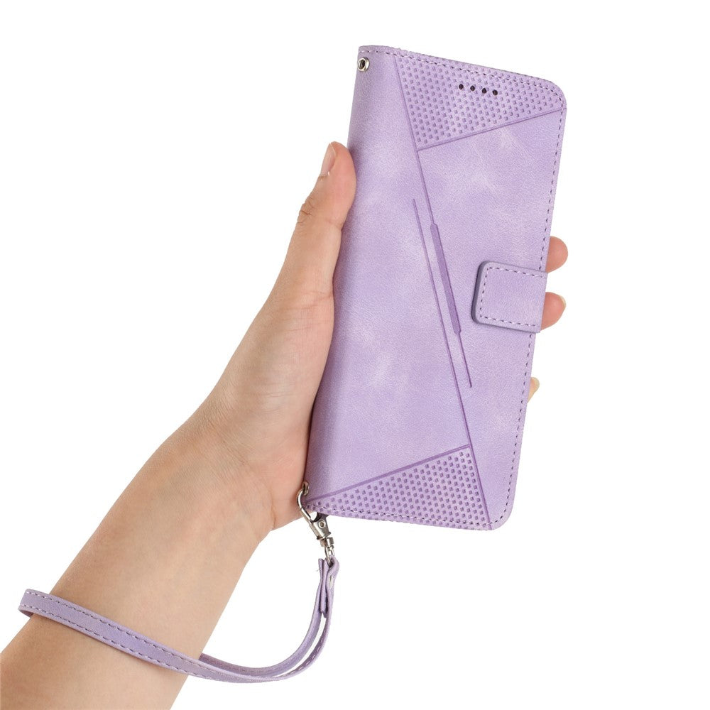 For iPhone 17 Pro Max Leather Case Imprinted Triangle Phone Cover with Hand Strap - Purple
