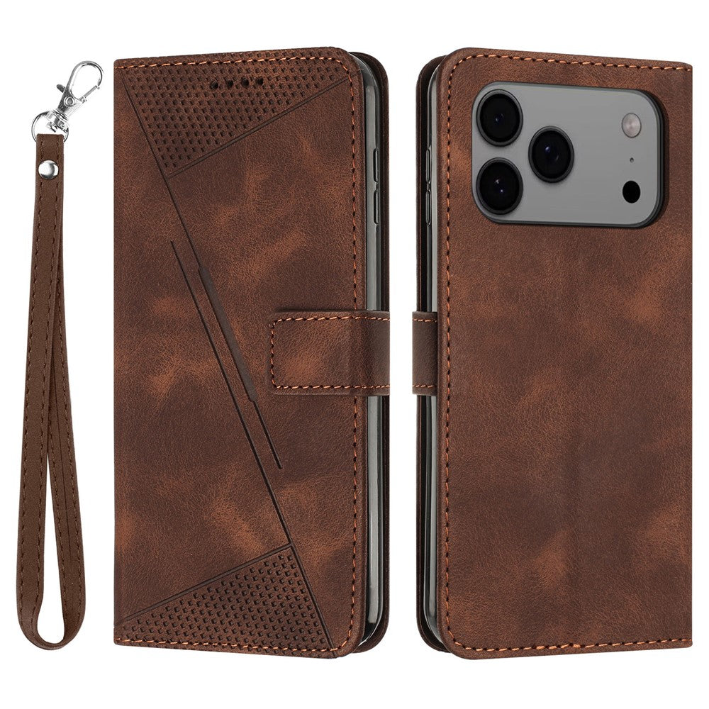 For iPhone 17 Pro Max Leather Case Imprinted Triangle Phone Cover with Hand Strap - Brown