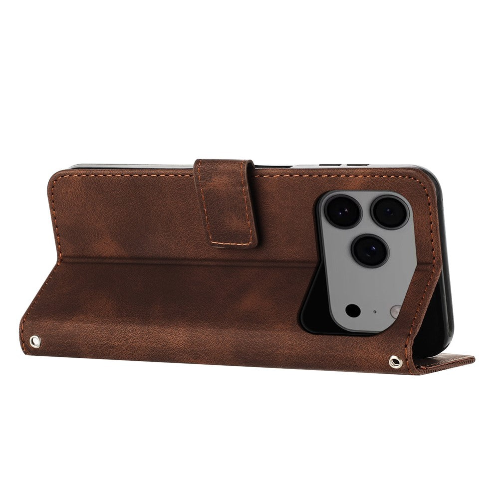 For iPhone 17 Pro Max Leather Case Imprinted Triangle Phone Cover with Hand Strap - Brown