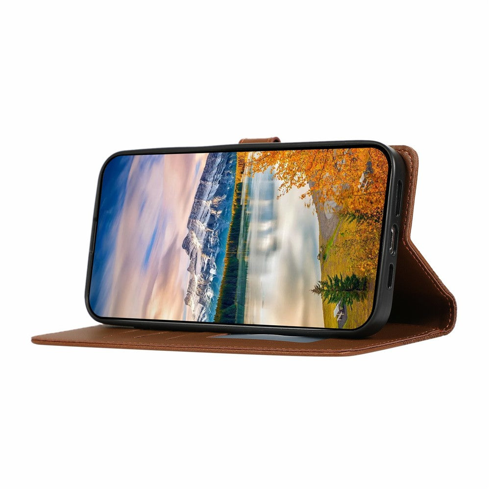 For iPhone 17 Pro Max Case Splicing Imprinted Rhombus Leather Phone Cover with Wrist Strap - Brown