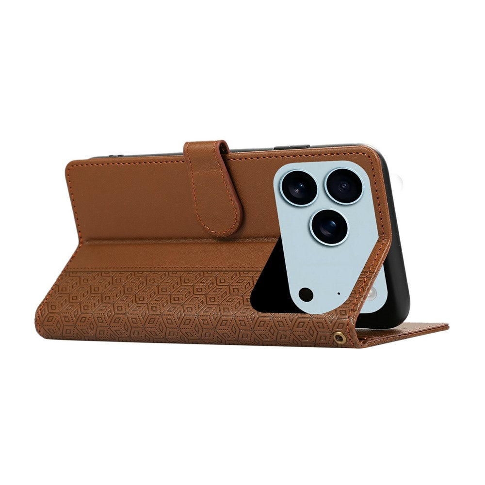 For iPhone 17 Pro Max Case Splicing Imprinted Rhombus Leather Phone Cover with Wrist Strap - Brown