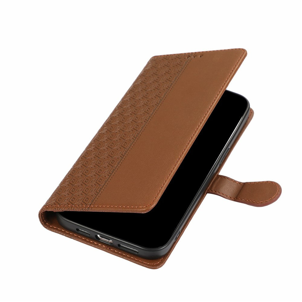 For iPhone 17 Pro Max Case Splicing Imprinted Rhombus Leather Phone Cover with Wrist Strap - Brown