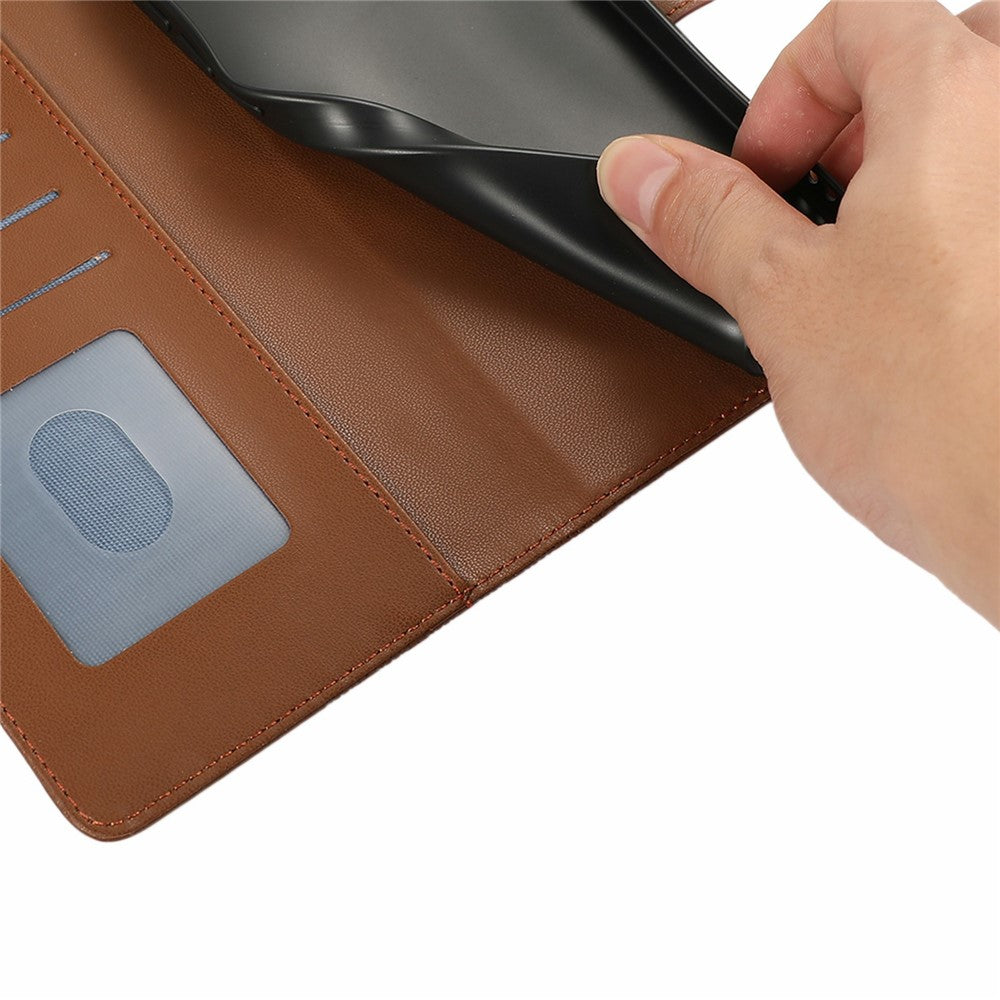 For iPhone 17 Pro Max Case Splicing Imprinted Rhombus Leather Phone Cover with Wrist Strap - Brown