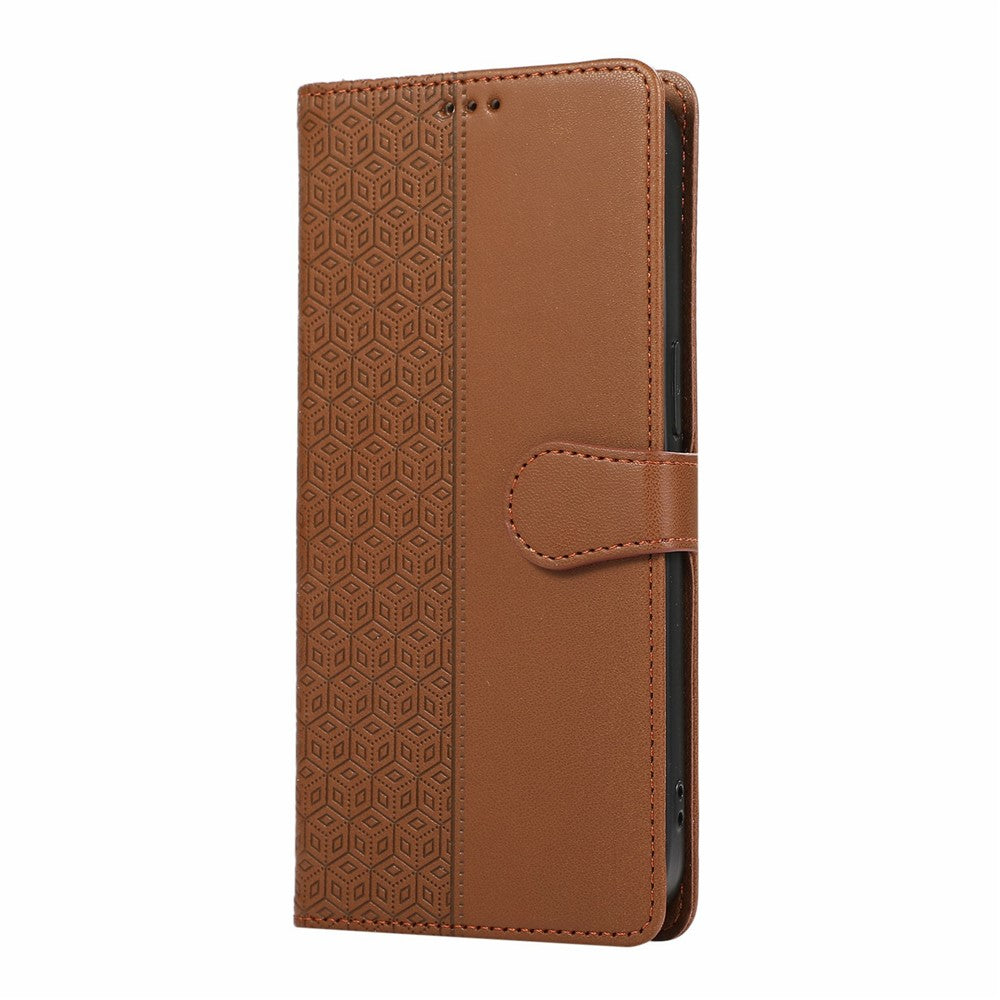 For iPhone 17 Pro Max Case Splicing Imprinted Rhombus Leather Phone Cover with Wrist Strap - Brown