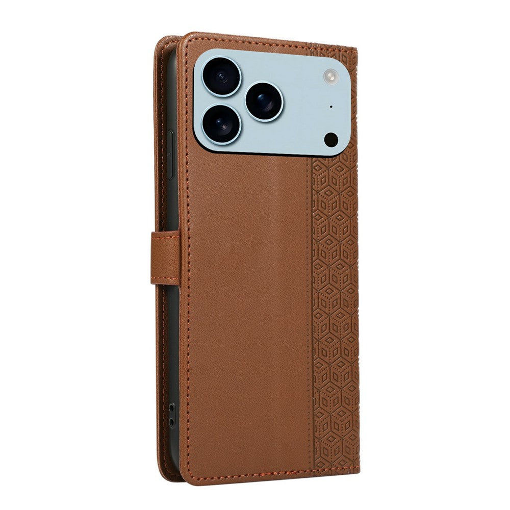 For iPhone 17 Pro Max Case Splicing Imprinted Rhombus Leather Phone Cover with Wrist Strap - Brown