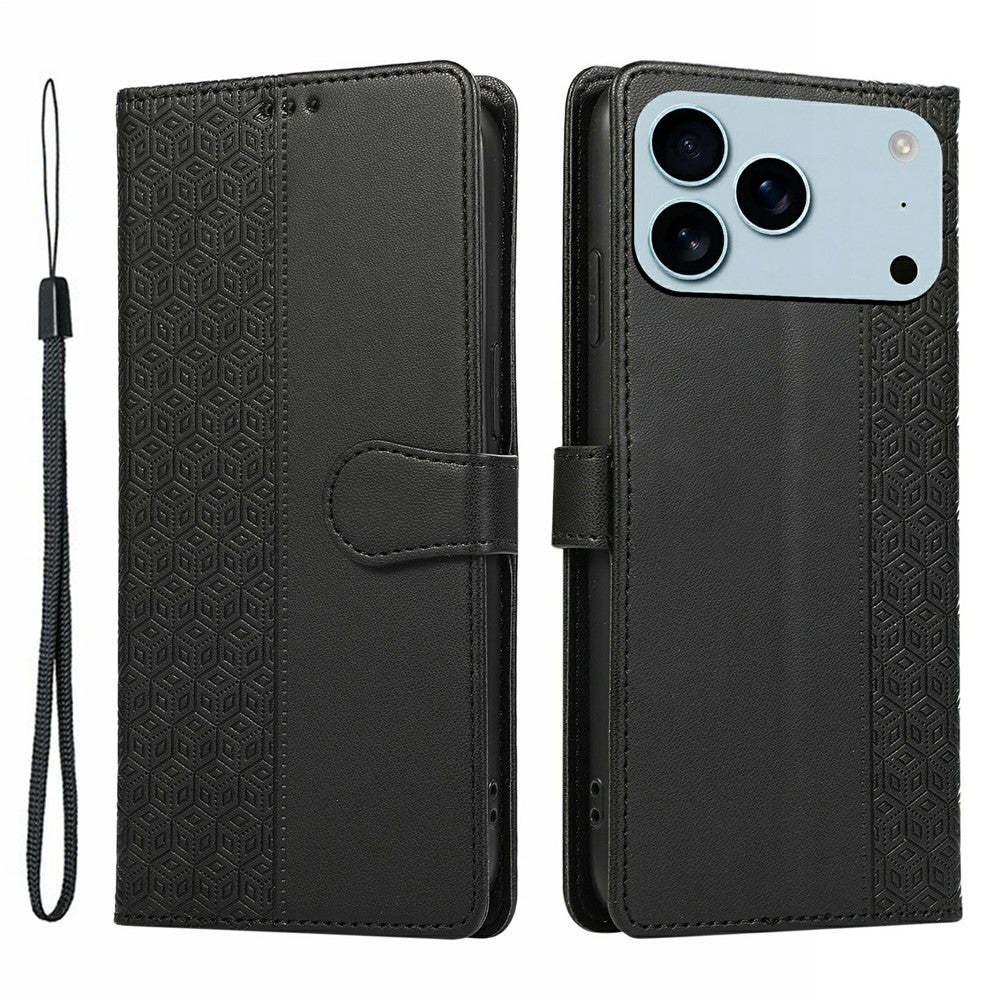 For iPhone 17 Pro Max Case Splicing Imprinted Rhombus Leather Phone Cover with Wrist Strap - Black