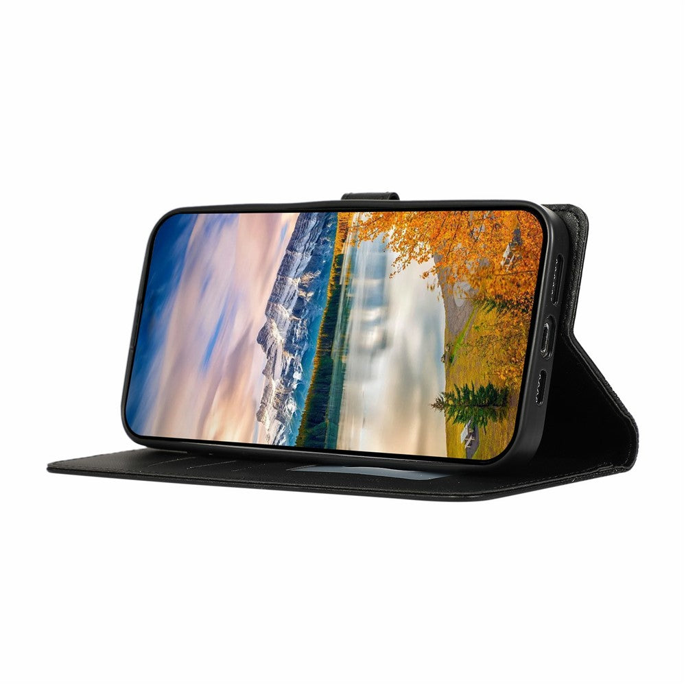 For iPhone 17 Pro Max Case Splicing Imprinted Rhombus Leather Phone Cover with Wrist Strap - Black