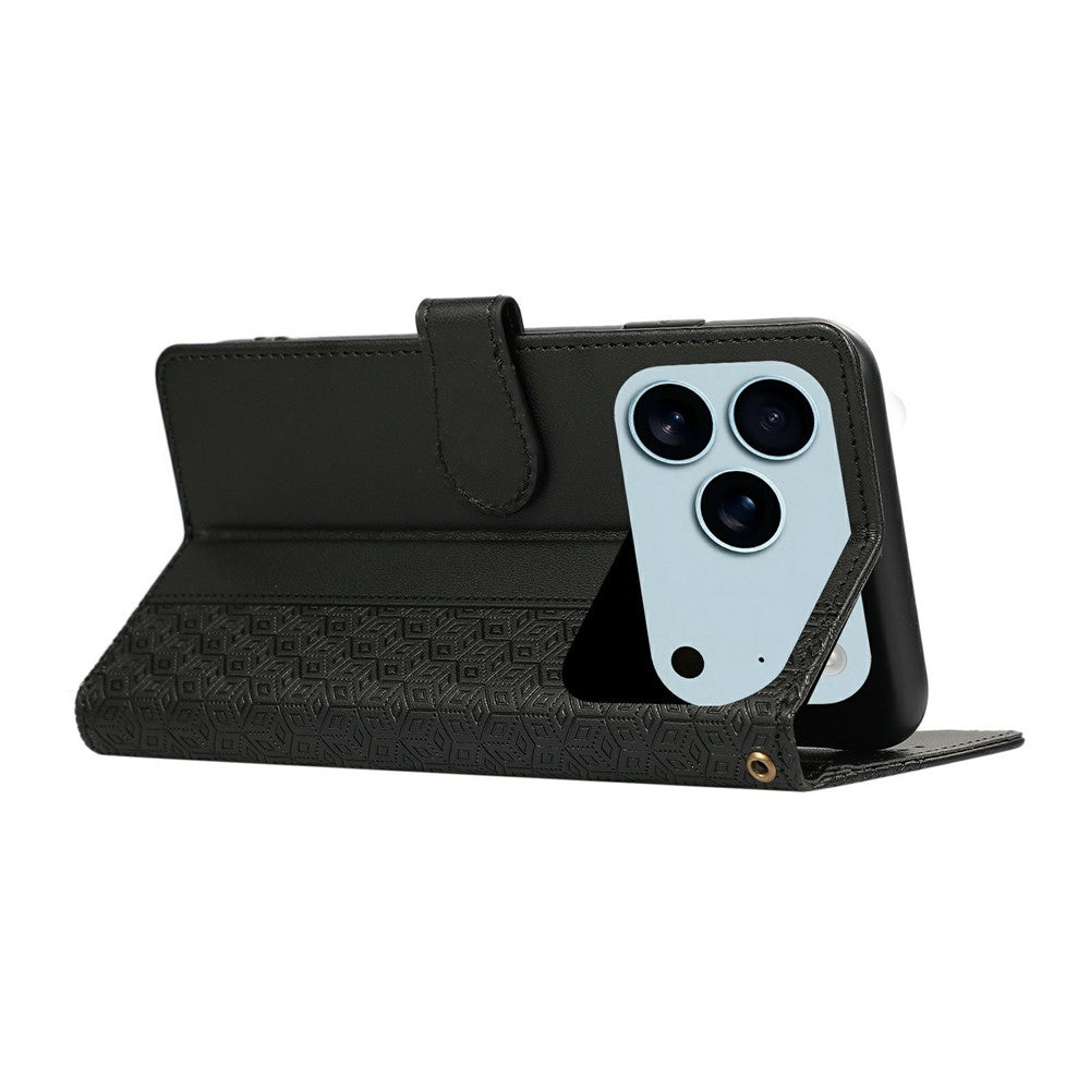 For iPhone 17 Pro Max Case Splicing Imprinted Rhombus Leather Phone Cover with Wrist Strap - Black