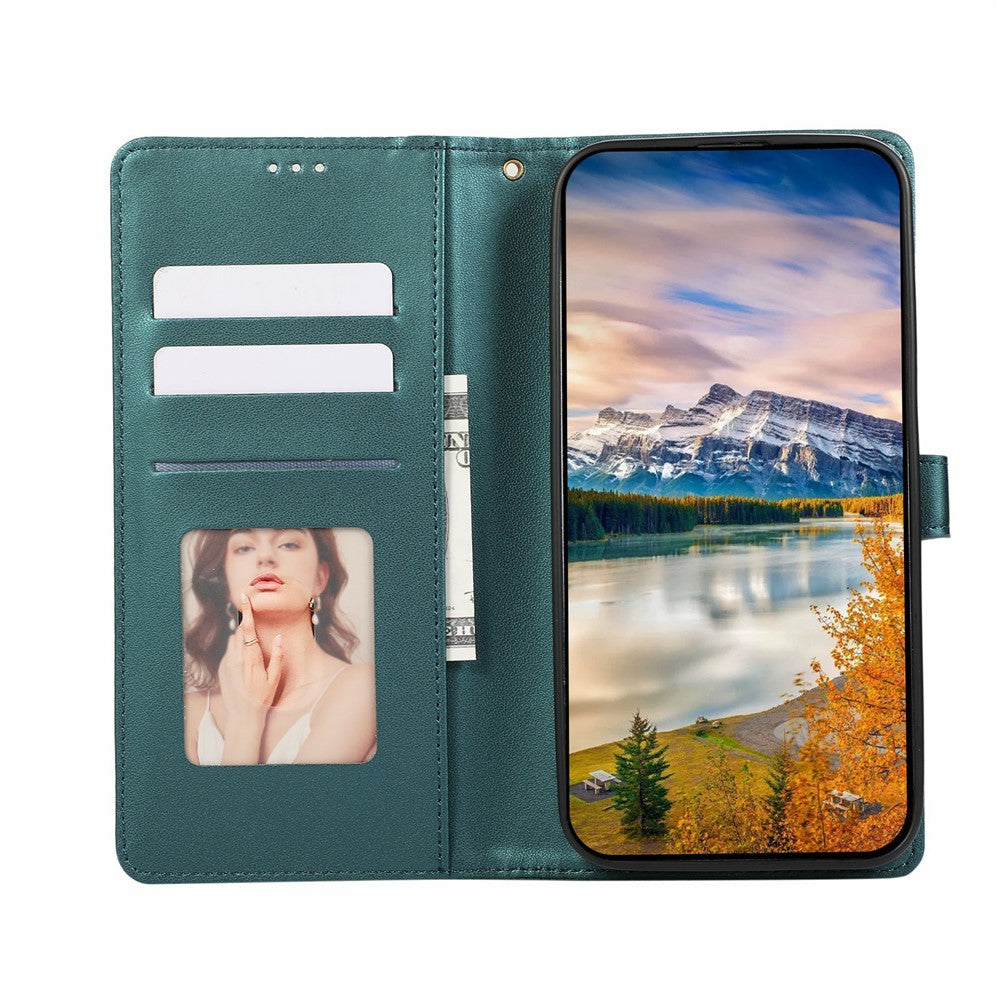 For iPhone 17 Pro Max Case Splicing Imprinted Rhombus Leather Phone Cover with Wrist Strap - Green