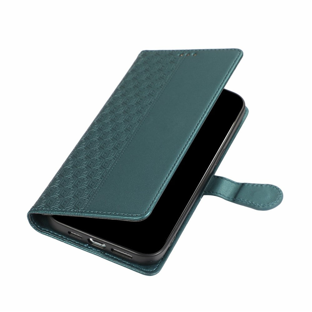For iPhone 17 Pro Max Case Splicing Imprinted Rhombus Leather Phone Cover with Wrist Strap - Green
