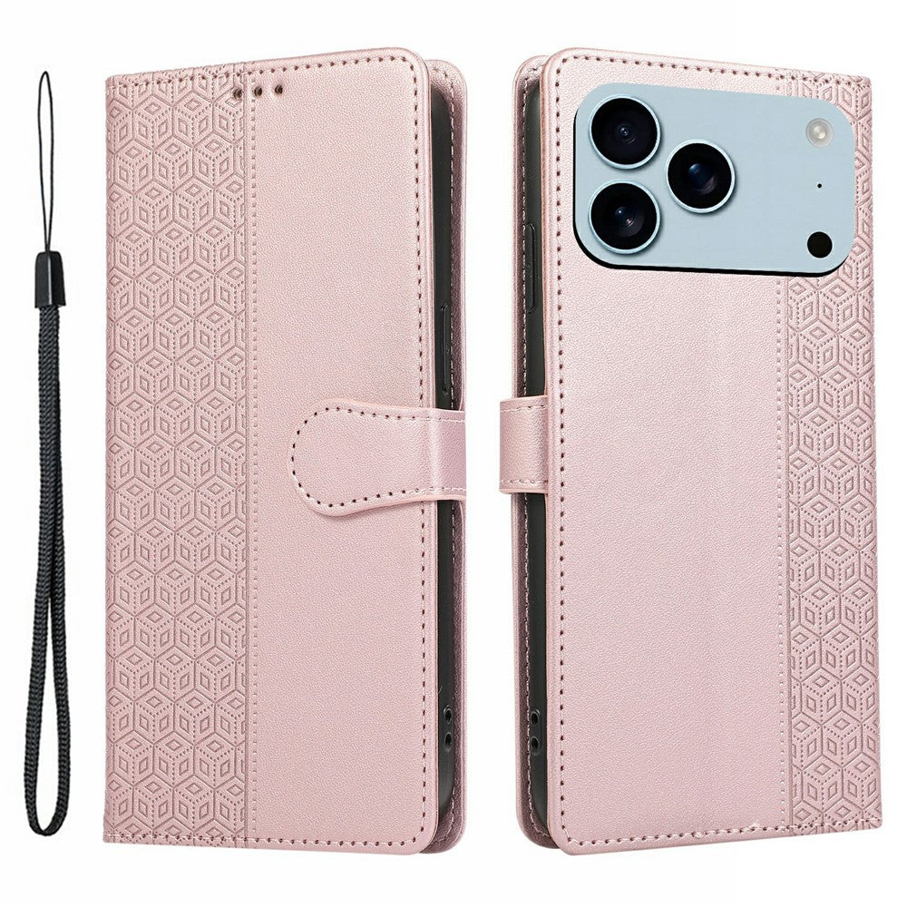 For iPhone 17 Pro Max Case Splicing Imprinted Rhombus Leather Phone Cover with Wrist Strap - Rose Gold
