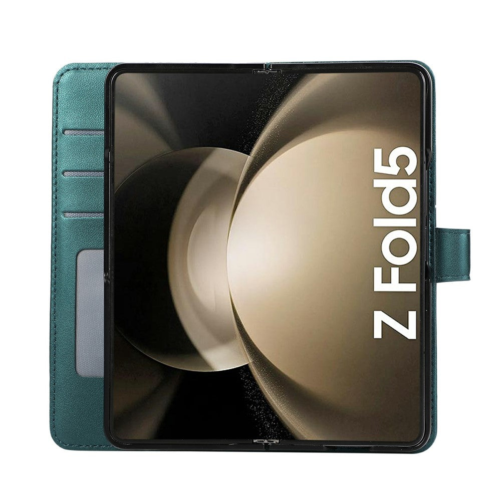 For Samsung Galaxy Z Fold7 5G Case Splicing Imprinted Rhombus Leather Phone Cover with Wrist Strap - Green