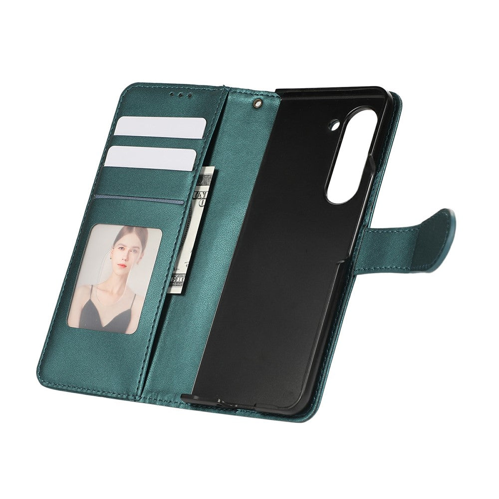 For Samsung Galaxy Z Fold7 5G Case Splicing Imprinted Rhombus Leather Phone Cover with Wrist Strap - Green