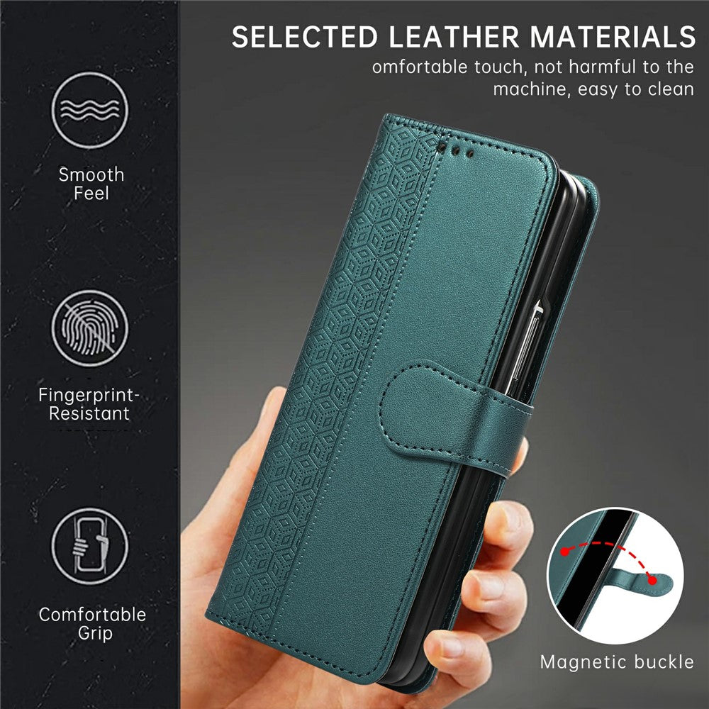 For Samsung Galaxy Z Fold7 5G Case Splicing Imprinted Rhombus Leather Phone Cover with Wrist Strap - Green