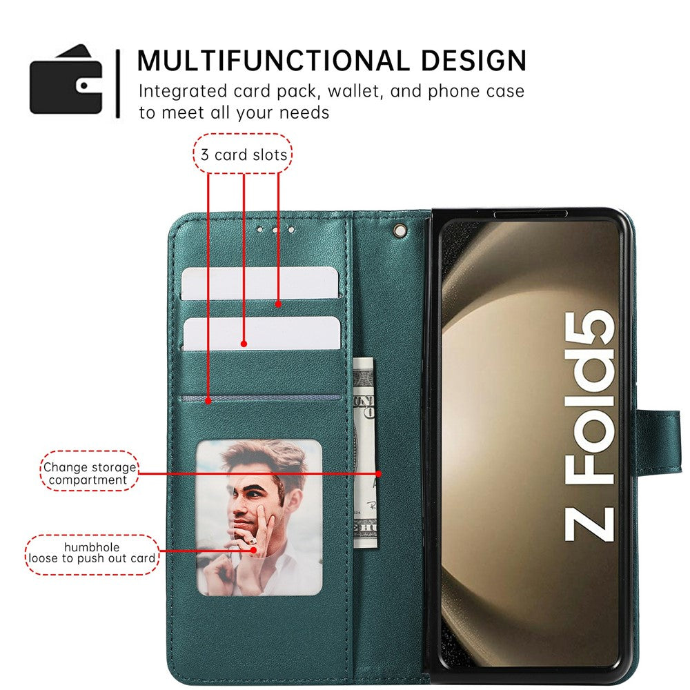 For Samsung Galaxy Z Fold7 5G Case Splicing Imprinted Rhombus Leather Phone Cover with Wrist Strap - Green