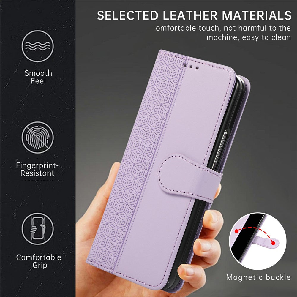 For Samsung Galaxy Z Fold7 5G Case Splicing Imprinted Rhombus Leather Phone Cover with Wrist Strap - Purple