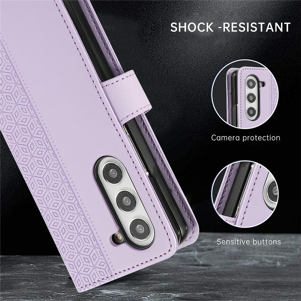 For Samsung Galaxy Z Fold7 5G Case Splicing Imprinted Rhombus Leather Phone Cover with Wrist Strap - Purple
