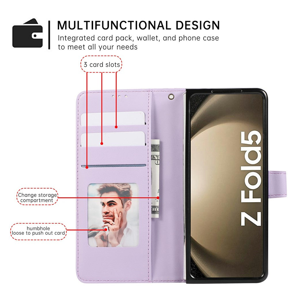 For Samsung Galaxy Z Fold7 5G Case Splicing Imprinted Rhombus Leather Phone Cover with Wrist Strap - Purple