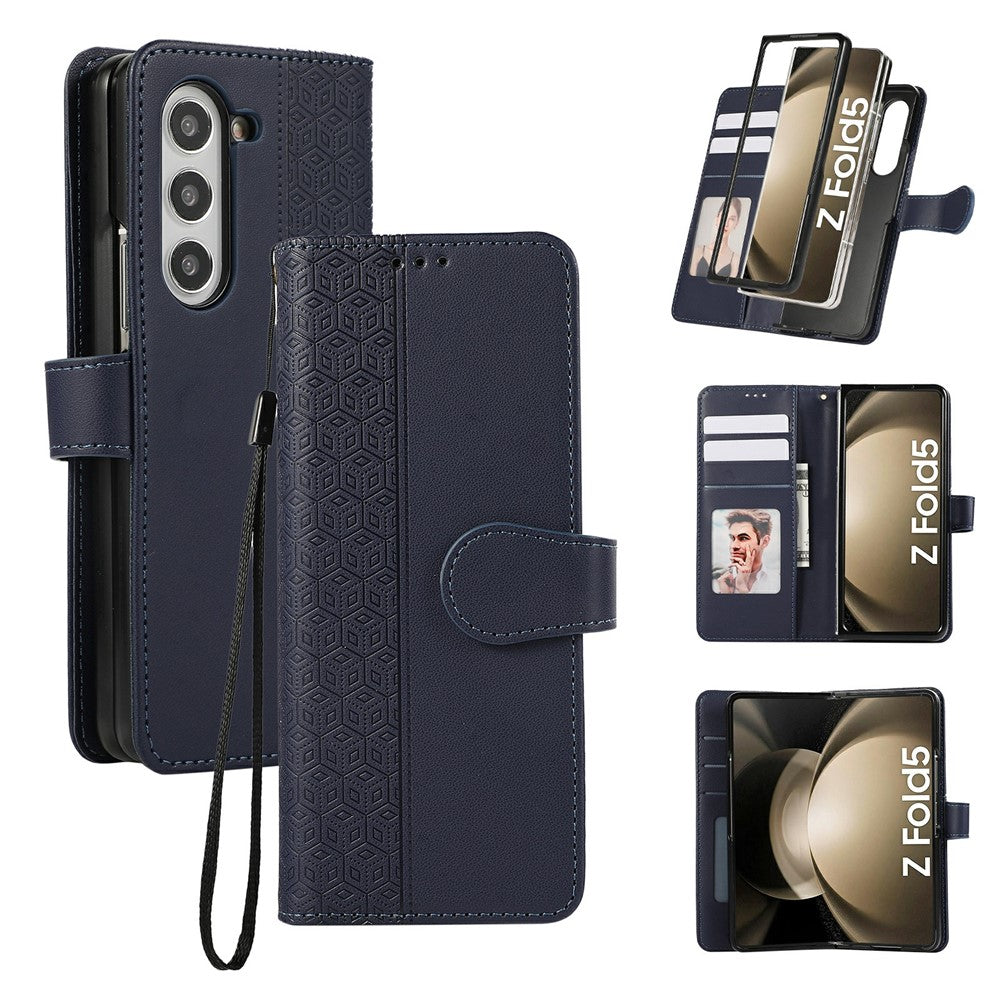 For Samsung Galaxy Z Fold7 5G Case Splicing Imprinted Rhombus Leather Phone Cover with Wrist Strap - Blue