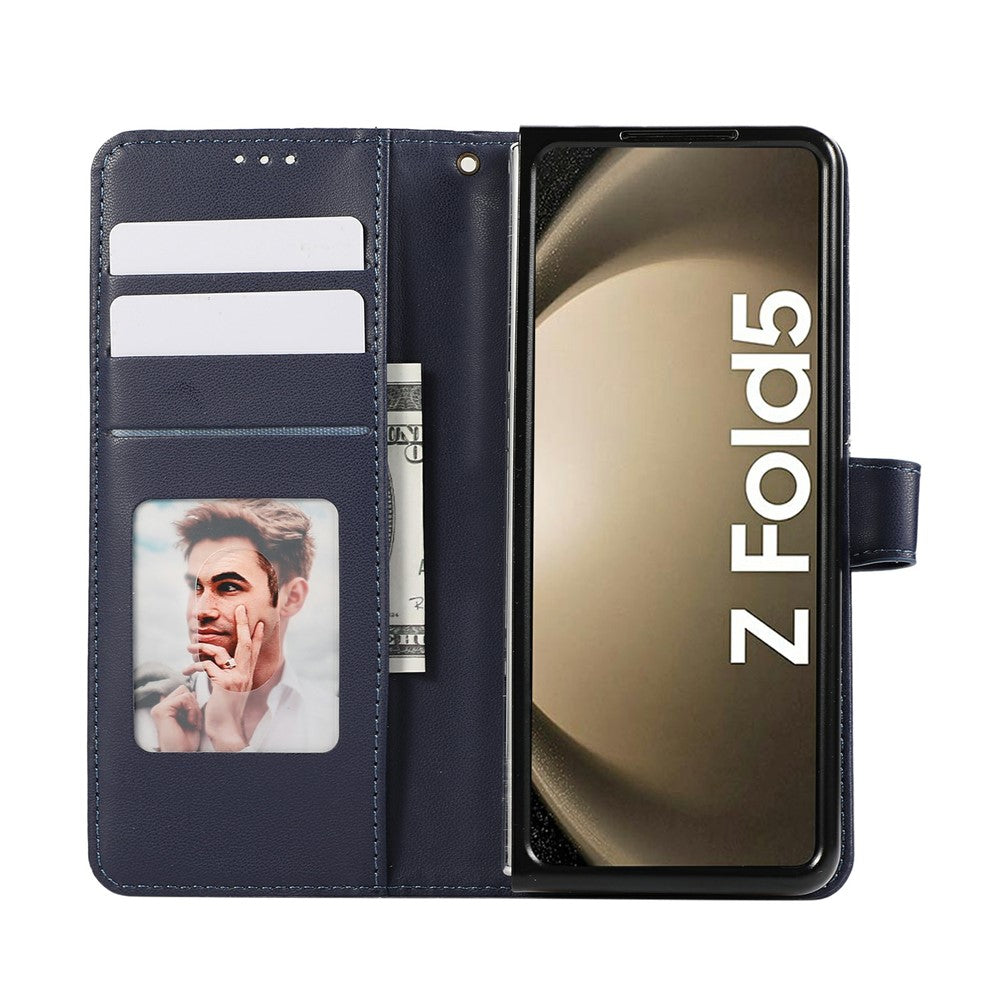 For Samsung Galaxy Z Fold7 5G Case Splicing Imprinted Rhombus Leather Phone Cover with Wrist Strap - Blue