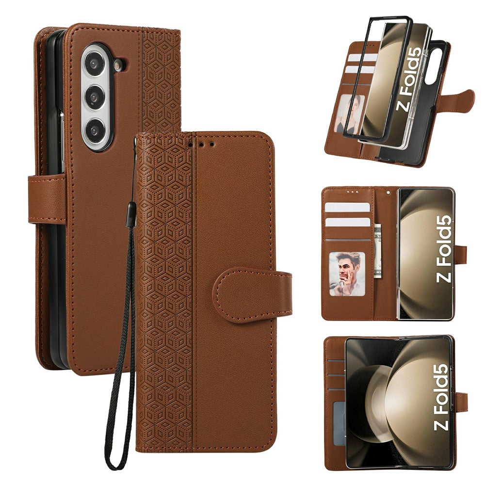 For Samsung Galaxy Z Fold7 5G Case Splicing Imprinted Rhombus Leather Phone Cover with Wrist Strap - Brown