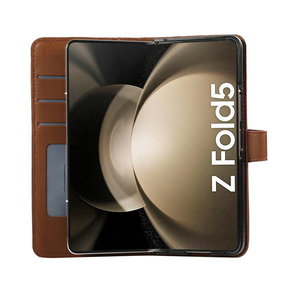 For Samsung Galaxy Z Fold7 5G Case Splicing Imprinted Rhombus Leather Phone Cover with Wrist Strap - Brown