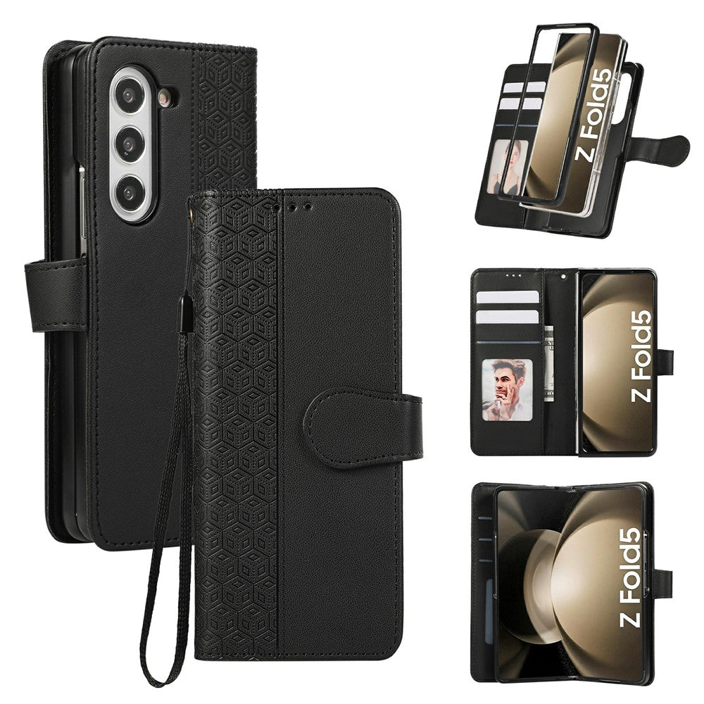 For Samsung Galaxy Z Fold7 5G Case Splicing Imprinted Rhombus Leather Phone Cover with Wrist Strap - Black