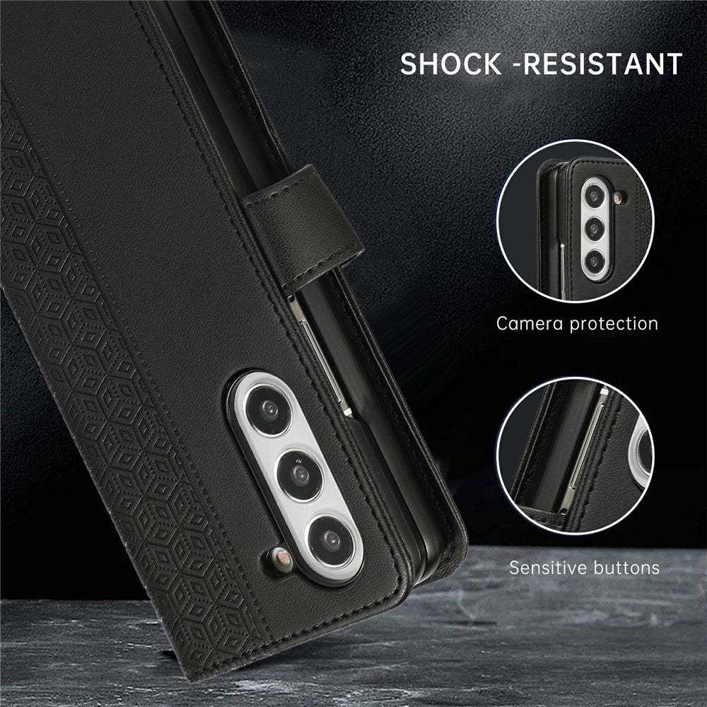 For Samsung Galaxy Z Fold7 5G Case Splicing Imprinted Rhombus Leather Phone Cover with Wrist Strap - Black
