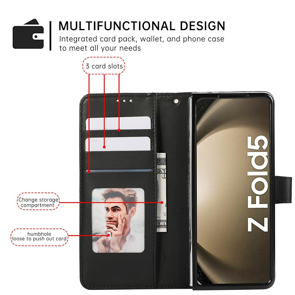 For Samsung Galaxy Z Fold7 5G Case Splicing Imprinted Rhombus Leather Phone Cover with Wrist Strap - Black