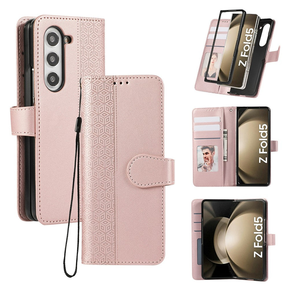 For Samsung Galaxy Z Fold7 5G Case Splicing Imprinted Rhombus Leather Phone Cover with Wrist Strap - Rose Gold