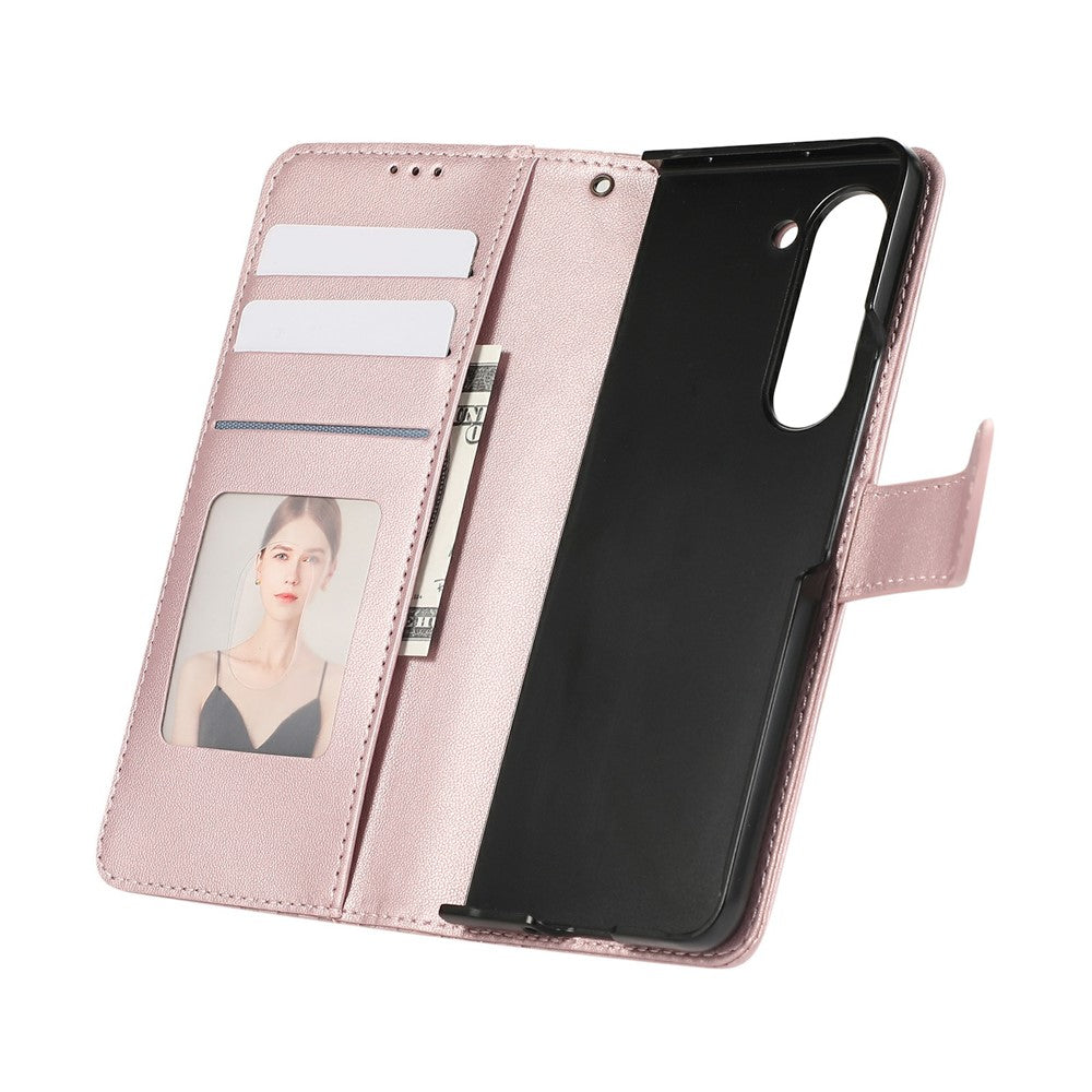 For Samsung Galaxy Z Fold7 5G Case Splicing Imprinted Rhombus Leather Phone Cover with Wrist Strap - Rose Gold