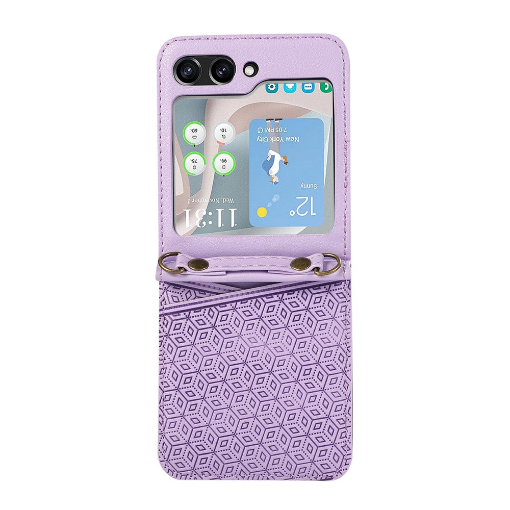 For Samsung Galaxy Z Flip7 5G Case Imprinted Rhombus Leather Phone Cover with Card Slots - Purple