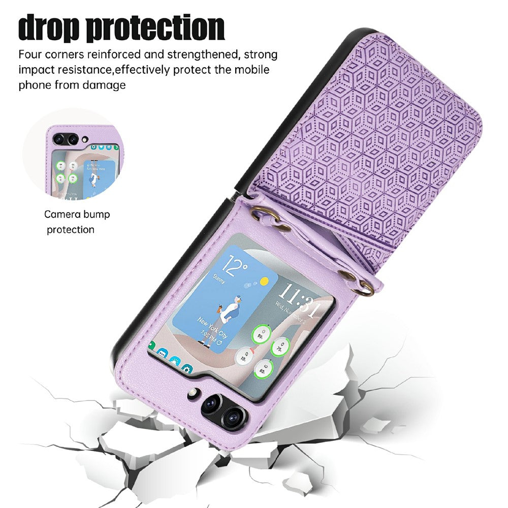For Samsung Galaxy Z Flip7 5G Case Imprinted Rhombus Leather Phone Cover with Card Slots - Purple