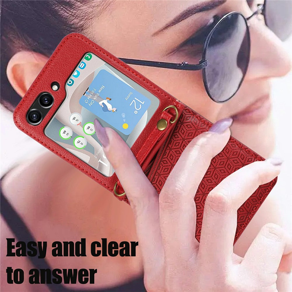 For Samsung Galaxy Z Flip7 5G Case Imprinted Rhombus Leather Phone Cover with Card Slots - Red