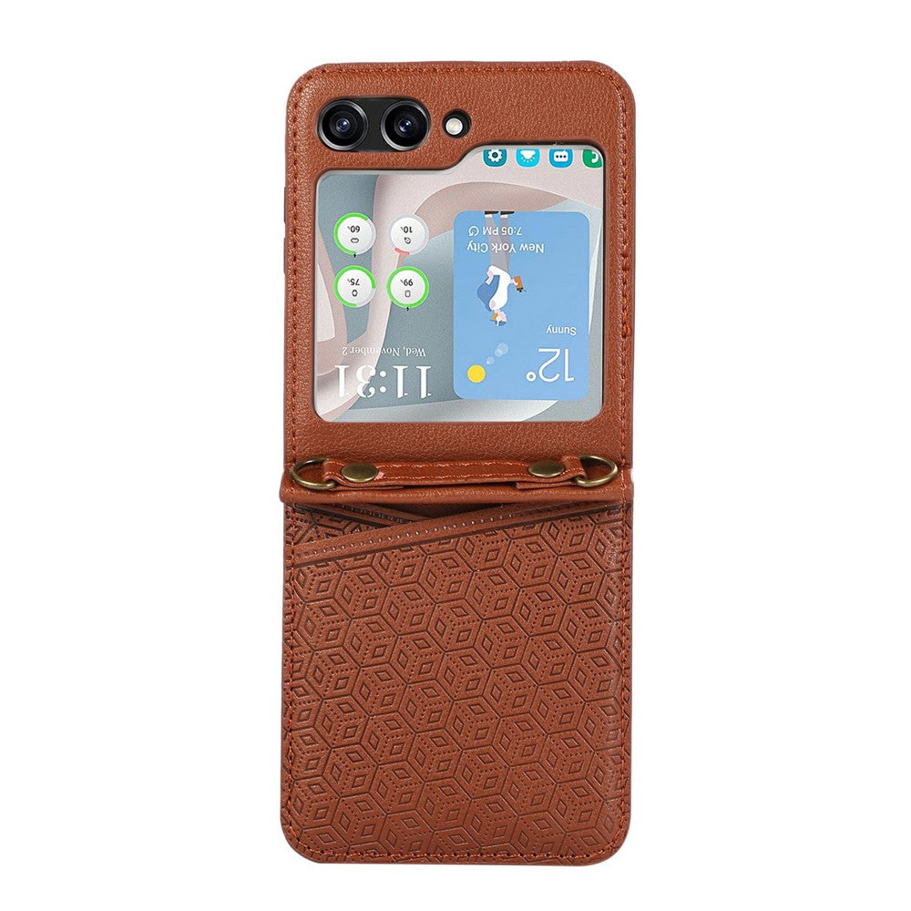 For Samsung Galaxy Z Flip7 5G Case Imprinted Rhombus Leather Phone Cover with Card Slots - Brown