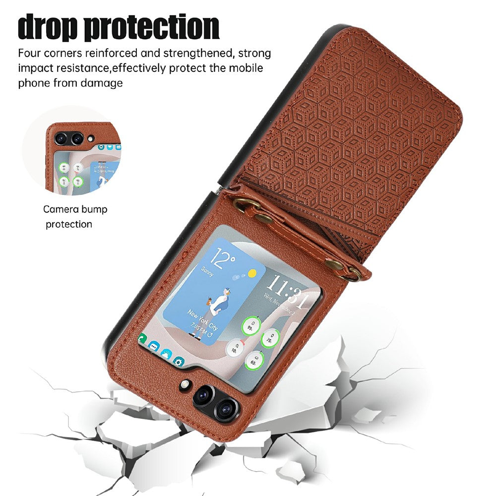 For Samsung Galaxy Z Flip7 5G Case Imprinted Rhombus Leather Phone Cover with Card Slots - Brown