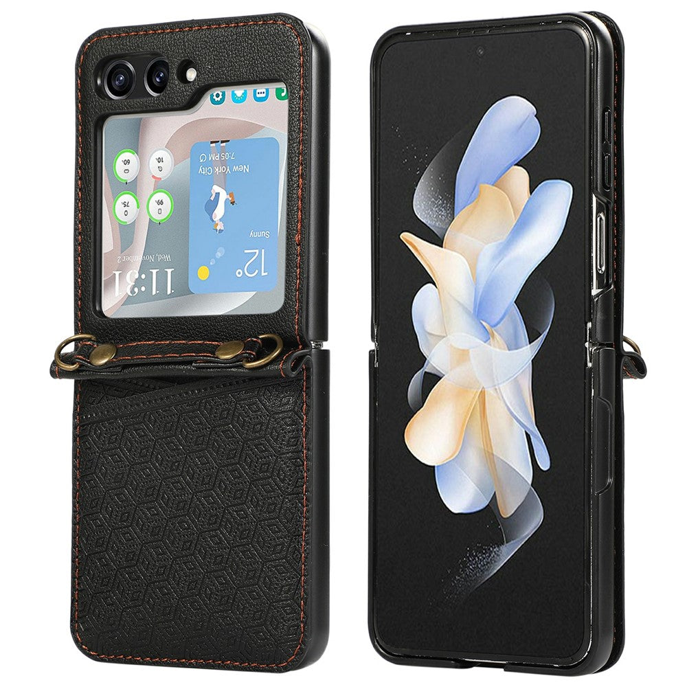 For Samsung Galaxy Z Flip7 5G Case Imprinted Rhombus Leather Phone Cover with Card Slots - Black
